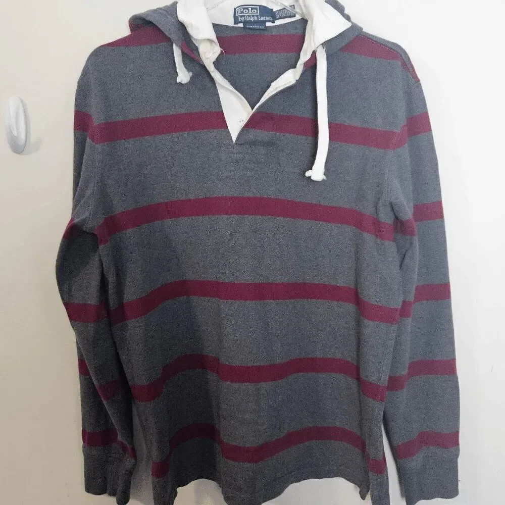 Vintage Polo Ralph Lauren Collared Hoodie Long Sleeve Striped Men's Gray/Red Siz
